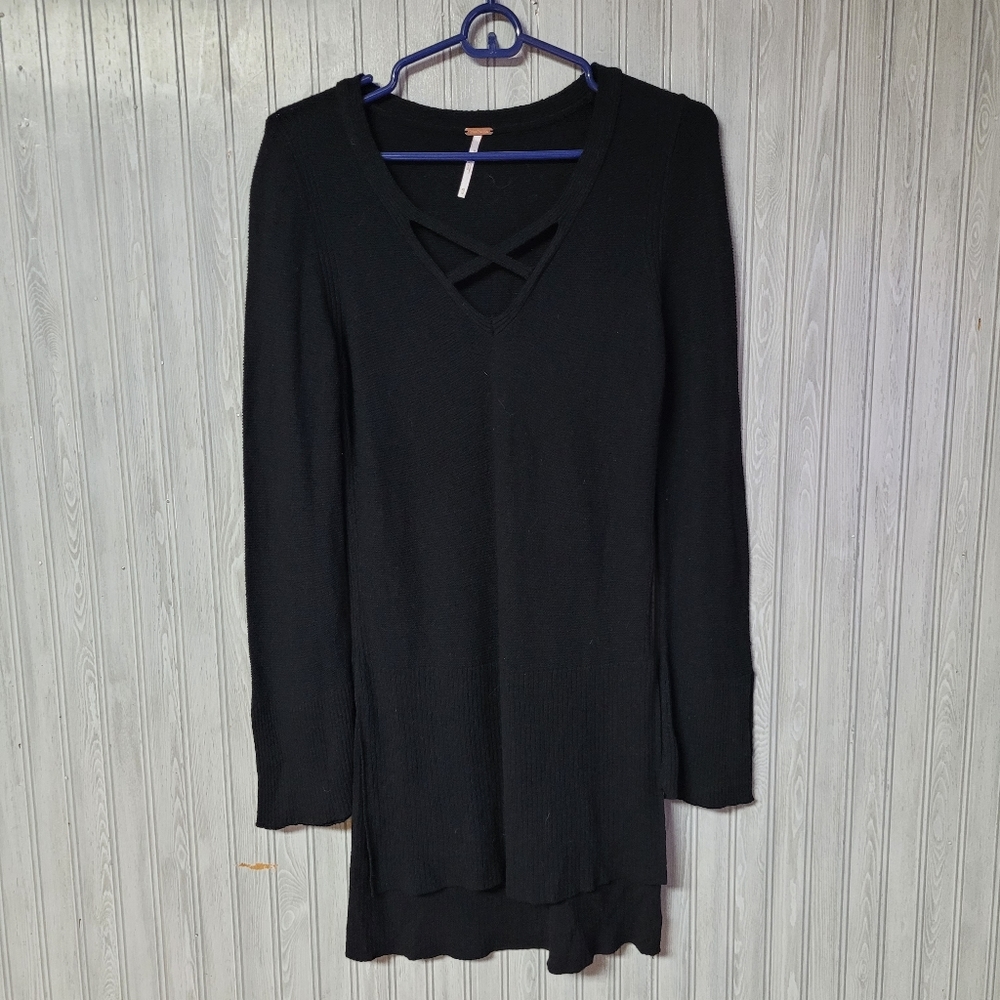 Free People Womens Black Criss Cross Knit Sweater Tunic Top Size XS
